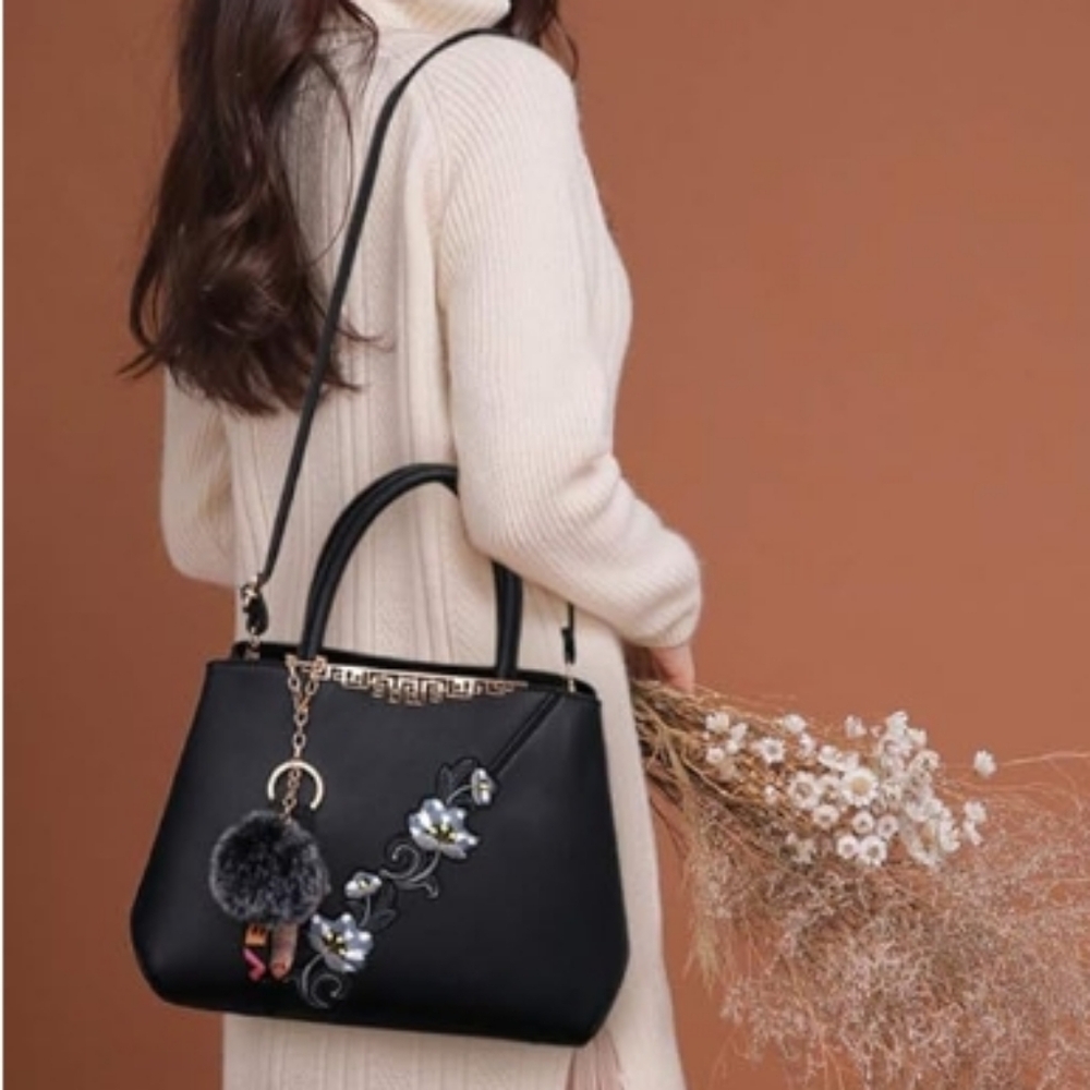 Handbag Embroidery Top Handle Shoulder Bag Tote Purse Black